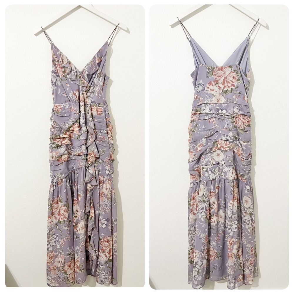 NEW Free People ASTR The Label Kiana Purple Floral Ruched Midi Dress Size Small - Picture 2 of 8